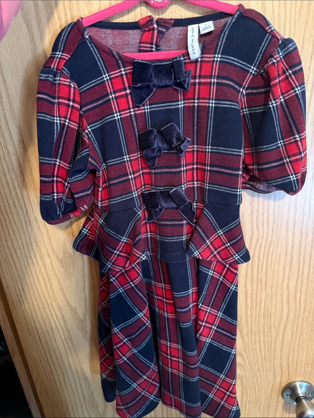 Janie and Jack Girls Red & Navy Plaid Dress with Velvet Bows